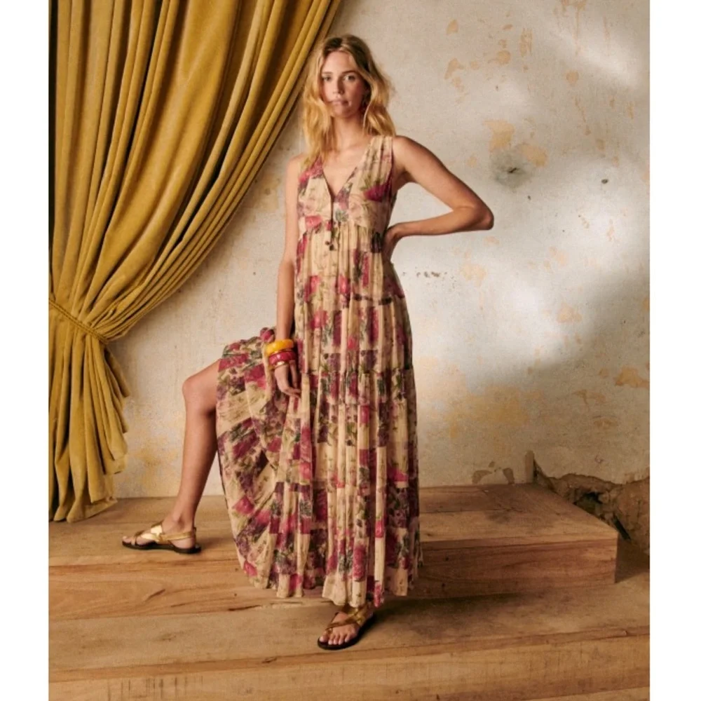 SEZANE Cream Red Rose Floral Patchwork Sleeveless Flowy Silk Alameda Maxi Dress - Picture 14 of 14